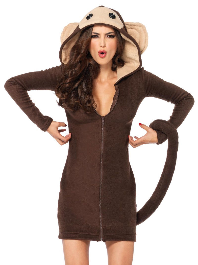 Leg Avenue Cozy Monkey Hooded Fleece Dress with Tail-Cute Halloween Costume Onesie for Women, Brown, Large - Image 1